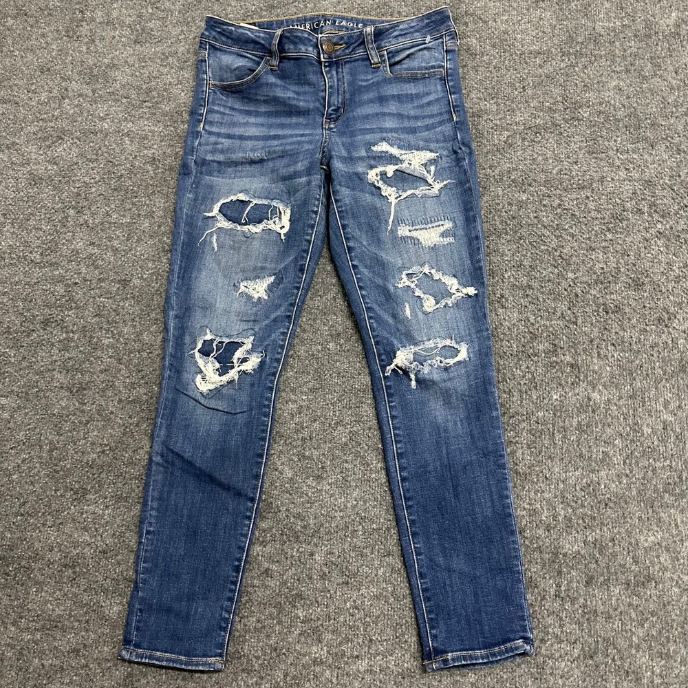 American Eagle Jeans Womens Size 8 Short Blue Distressed Viscose Stretch Skinny